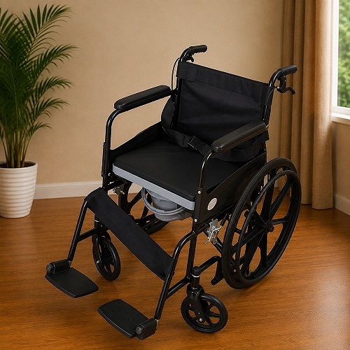 Folding Commode Wheelchair with Attendant Brakes & Safety Belt