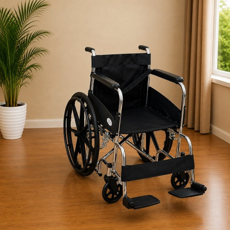 Premium Wheel Chair Chrome Polished Black With Safety Belt